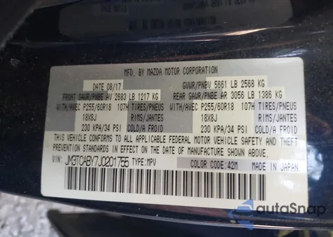 2018 Mazda Cx-9 Sport из США, поврежденный, VIN JM3TCABY7J0201755